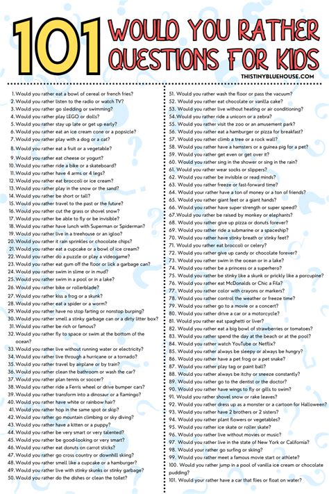 101 Best Free Printable Boredom Busting Would You Rather Questions For