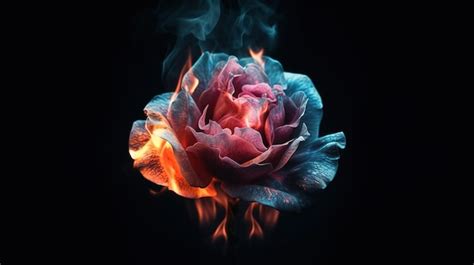 Premium AI Image Aesthetic Burning Rose Flower Realistic Flame Effect On Dark Background