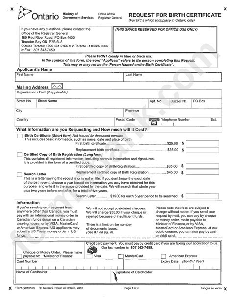 Form Request For Birth Certificate Ontario Canada Printable Printable Application
