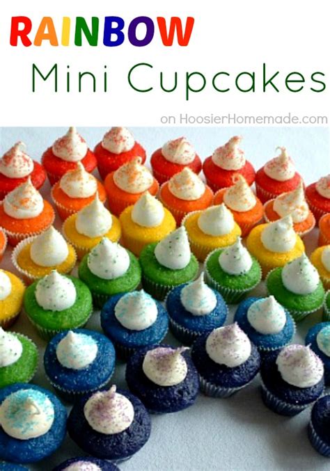 Make some fun rainbow cupcakes with this easy tutorial. Mini Rainbow Cupcakes - Hoosier Homemade