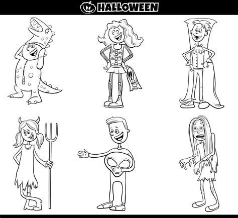 Children in Halloween costumes set cartoon coloring book page 1416991