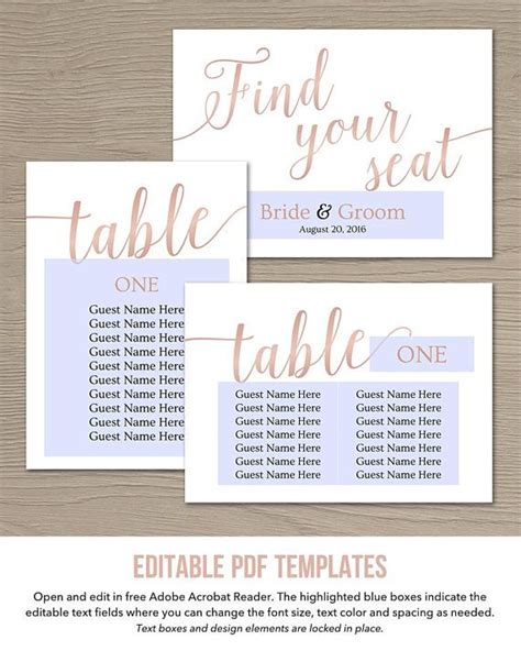 Seating Chart Cards Wedding Templates Rose Gold Printable Seating