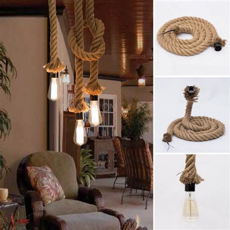25m Nature Hemp Rope Diy Ceiling Handing Lamp Light Pendant W Edison