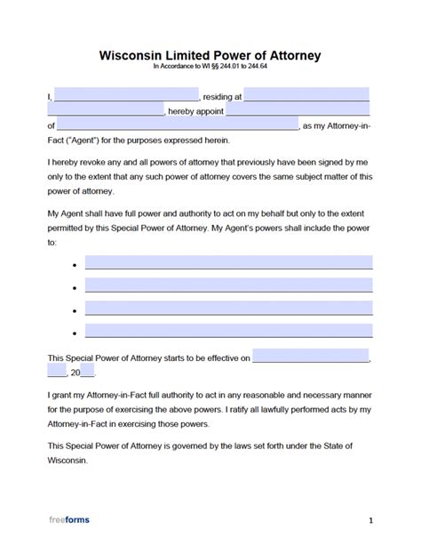 Free Wisconsin Limited Special Power Of Attorney Form Pdf Word