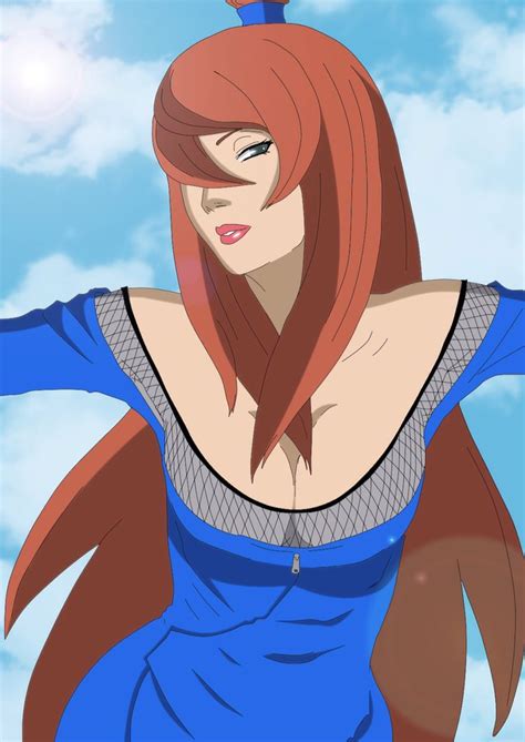 A Woman With Red Hair And Blue Dress Standing In Front Of The Sky Wearing A Crown On Top Of Her