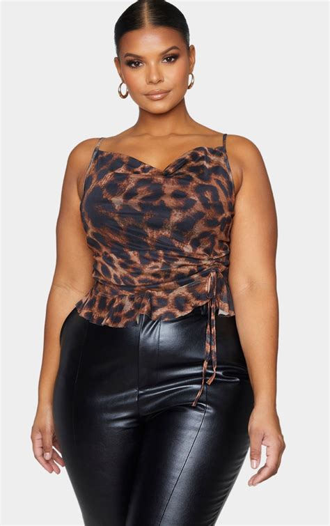 Plus Brown Leopard Mesh Ruched Detail Cami Top Prettylittlething