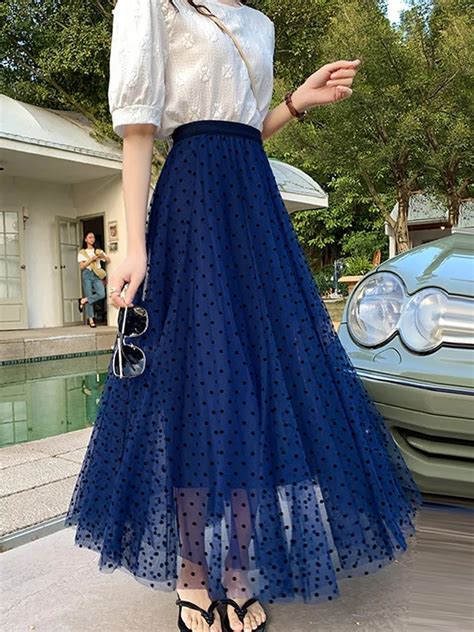 TIGENA Elegant Polka Dot Print Tulle Long Skirt For Women Spring