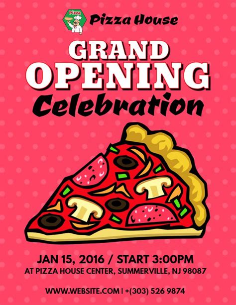 A Pink Poster With A Slice Of Pizza On It And The Words Grand Opening