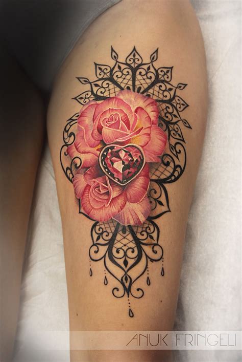 Rose Tattoo Ink Diamond Gem Stone Lace Spitze Pink Realistic