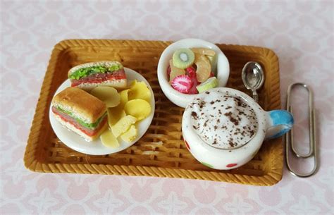 Dollhouse Food Lunch Tray ~ Sandwich Fruit Crisps Cappuccino