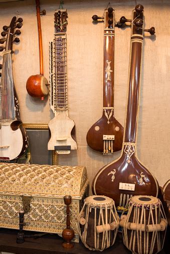 Indian Musical Instruments Stringed Guitars Called Sitars And Indian