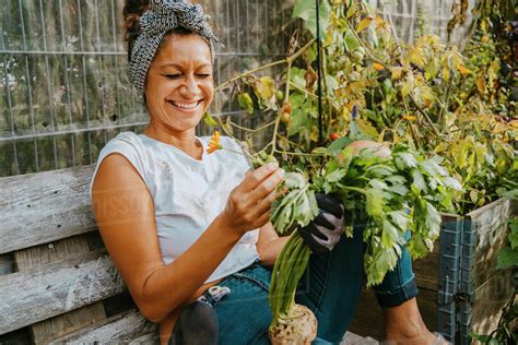 Happy Female Environmentalist With Vegetable Sitting In Urban Farm