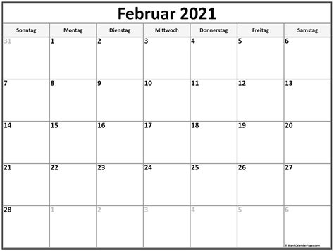 Kalender 2021 auch zum ausdrucken auf a4. Februar 2021 kalender auf Deutsch | kalender 2021