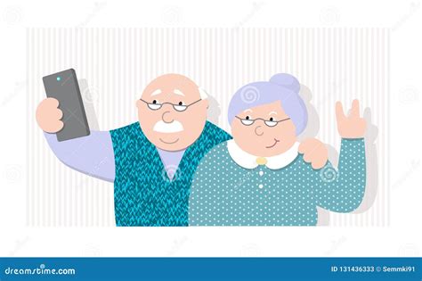 Vector Illustrationold Happy Old Man And Old Lady Making Selfies On The