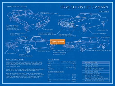 1969 Camaro Blueprint Poster Chevrolet Camaro Décor 18 Etsy