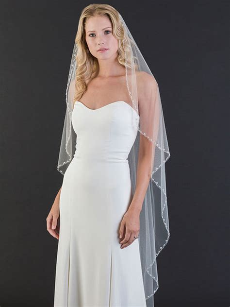 Bel Aire Bridal Veils V Tier Waltz Length Cascade Veil With Delicate Sparkling Edge