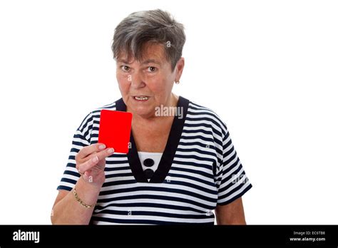 Senior Woman Showing Red Card Stock Photo Alamy