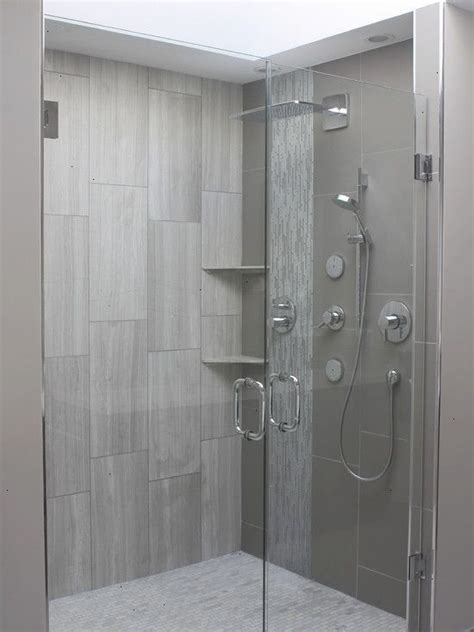 Contemporary Large Format Rectangular Tile Set Vertically In Shower