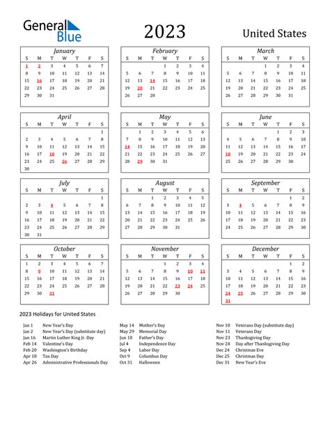 2023 United States Calendar With Holidays Aria Art