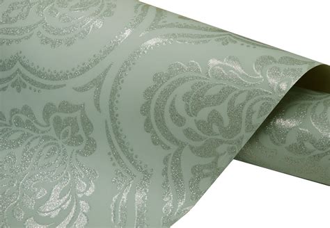 Glitz Glitter Damask Wallpaper Teal Silver Sparkly Luxury Embossed Fine