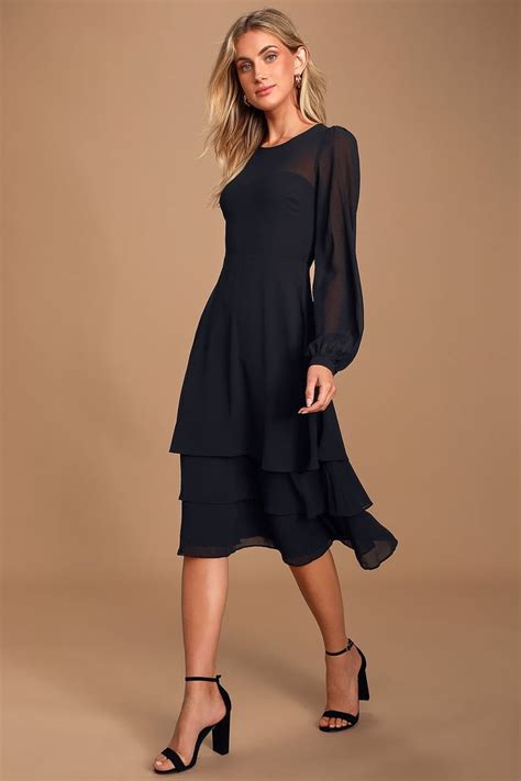 Crystal Clear Black Long Sleeve Tiered Midi Dress Long Sleeve Midi Cocktail Dress Long Sleeve