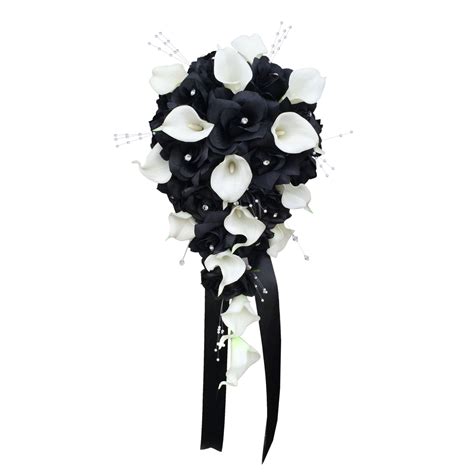 Elegant Teardrop Bouquet Black Roses White Calla Lilies And Pearl