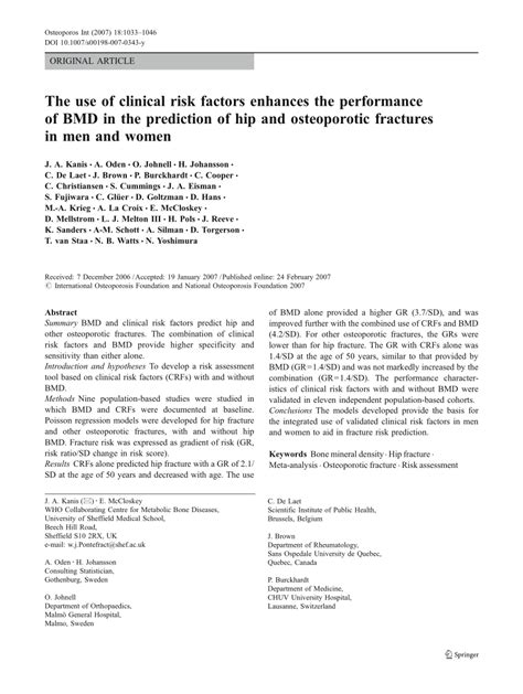 Pdf The Use Of Clinical Risk Factors Enhances The Performance Of Bmd In The Prediction Of Hip