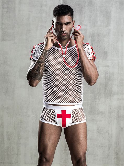 男性セクシーなナースコスチュームハロウィーンホワイトメッシュパンツトップナイトクラブ着用 Milanoojp