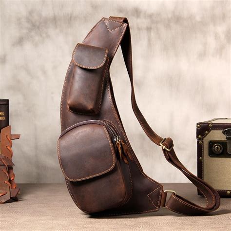 Hanmade Genuine Leather Vintage Brown Coffee Mens Cool Sling Bag