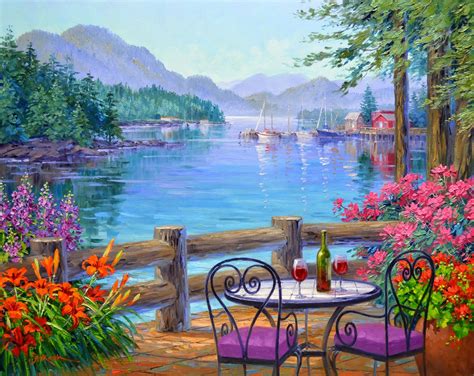 A Painting Of A Table And Chairs With Flowers In The Foreground Overlooking A Body Of Water
