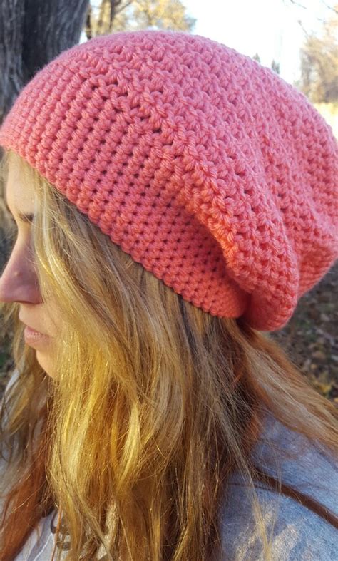 Coral Slouchy Beanie Hat Coral Womens Hat Coral Etsy