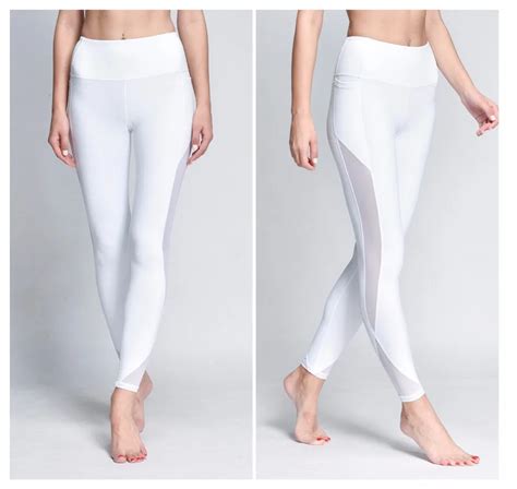 women elastic waistband pants with mesh panels high waisted moto fitness leggings in white