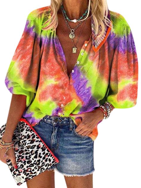 Womens Plus Size Tie Dye Shirts 34 Sleeve Blouses Casual Loose V Neck Floral Tops Walmart Canada