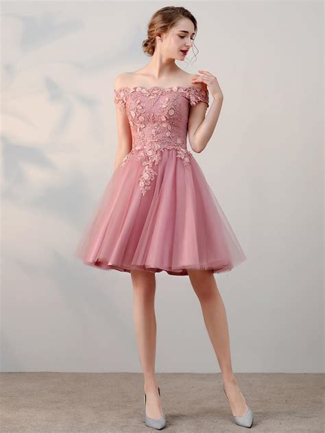Chic A Line Off The Shoulder Tulle Pink Charming Short Prom Dress
