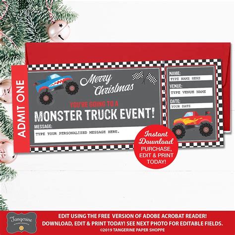 Monster Truck Ticket Printable Template Christmas Gift Etsy