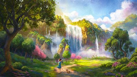 Wallpaper Girl Dog Waterfall Landscape Art Hd Picture