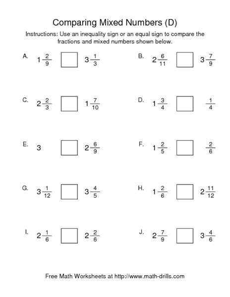 Comparing Mixed Numbers 4th Grade Worksheets
