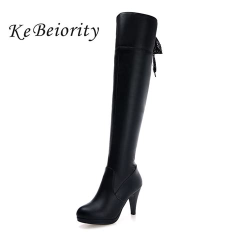 Kebeiority Fashion Women Boots Heels Over The Knee High Boots Leather Lace Up High Heels Black