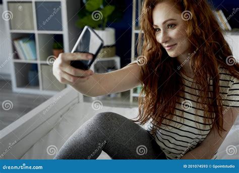 Attractive Woman Taking A Selfie In Bedroom Stock Image Image Of Happiness Indoors 201074593