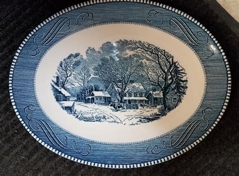 Currier And Ives Royal China Blue Oval Platter ‘old Inn Winter 13