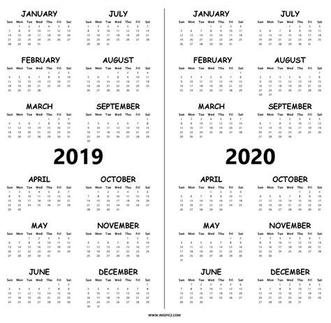 2019 2020 Calendar Printable Template On One Sheet Excel Pdf Word