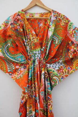 Indian Orange Long Paisley Print Cotton Hippie Maxi Women Nightwear Caftan Dress Ebay