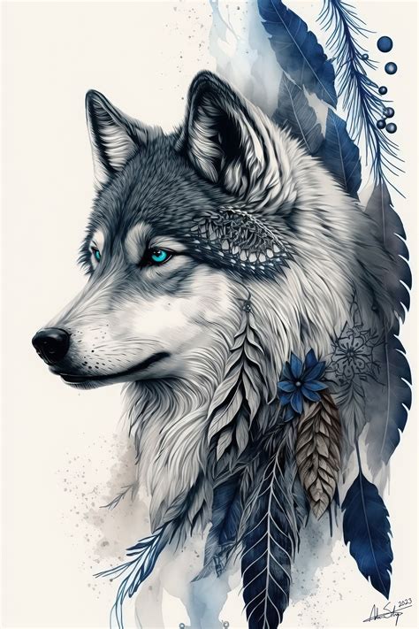 Native American Wolf Animal Art Dreamcatcher Wolf Picture Watercolor