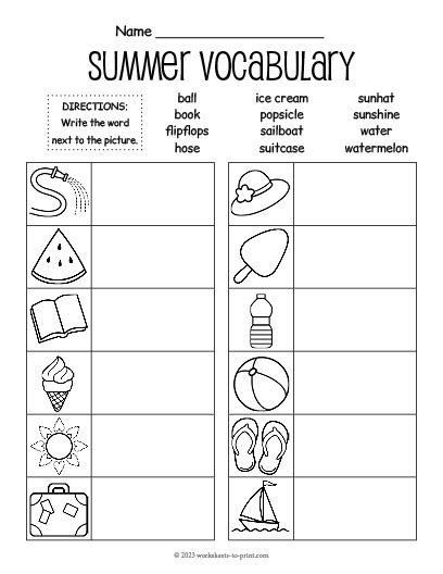 Summer Vocabulary Fill In Worksheet