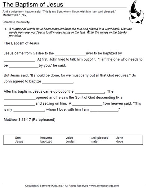 The Baptism Of Jesus Fill In The Blank Sermons4kids