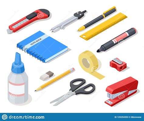 Isometric Office Tools School Stationery And Supplies Stock Vector