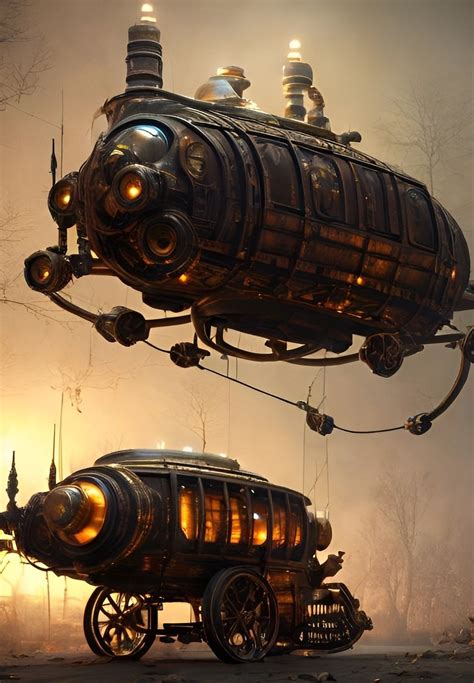 Steampunk Transportation With Glowing Lights Carriage And Airship