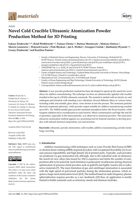 PDF Novel Cold Crucible Ultrasonic Atomization Powder Production
