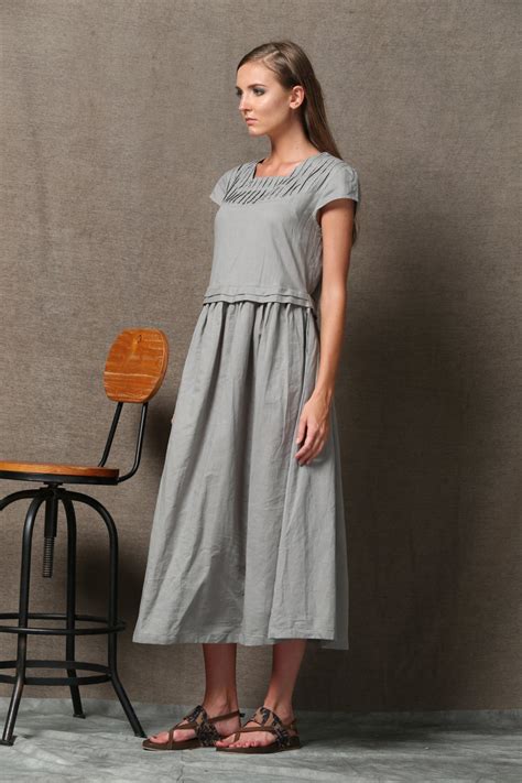 gray linen dress plus size maxi dress with pockets short etsy