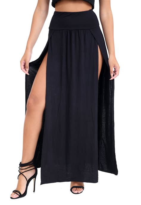 Womens Maxi Skirt Double Split High Waisted Side Slit Plain Summer Long Skirt Ebay